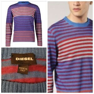 DIESEL ITALIAN LINEN RED BLUE STRIPED CREW MENS SWEATER M MEDIUM